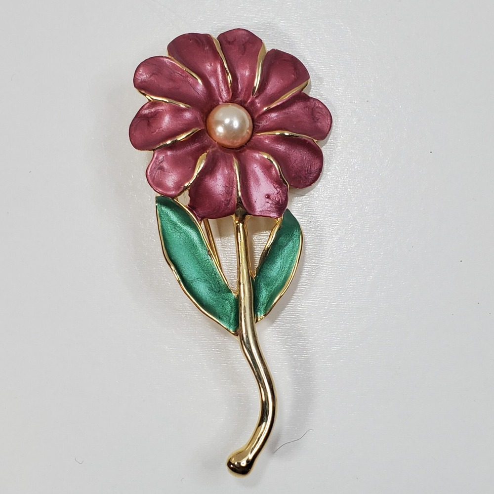 Gold Tone Multi-color Enamel Faux Pearl Flower Floral Brooch Pin Jewelry